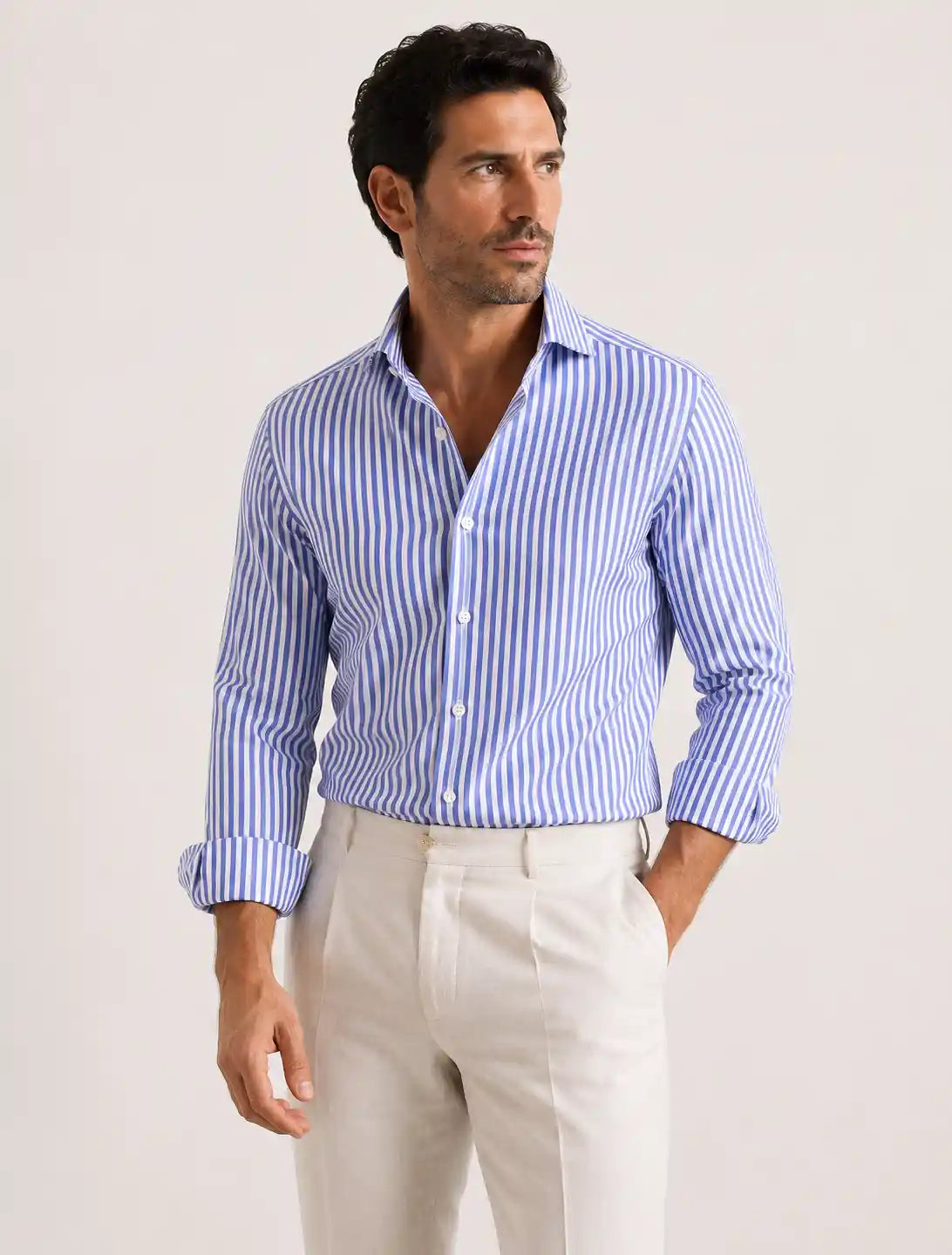 Camicia slim fit rigata azzurra in misto lino | Collo Francese
