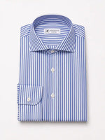 Camicia slim fit rigata azzurra in misto lino | Collo Francese