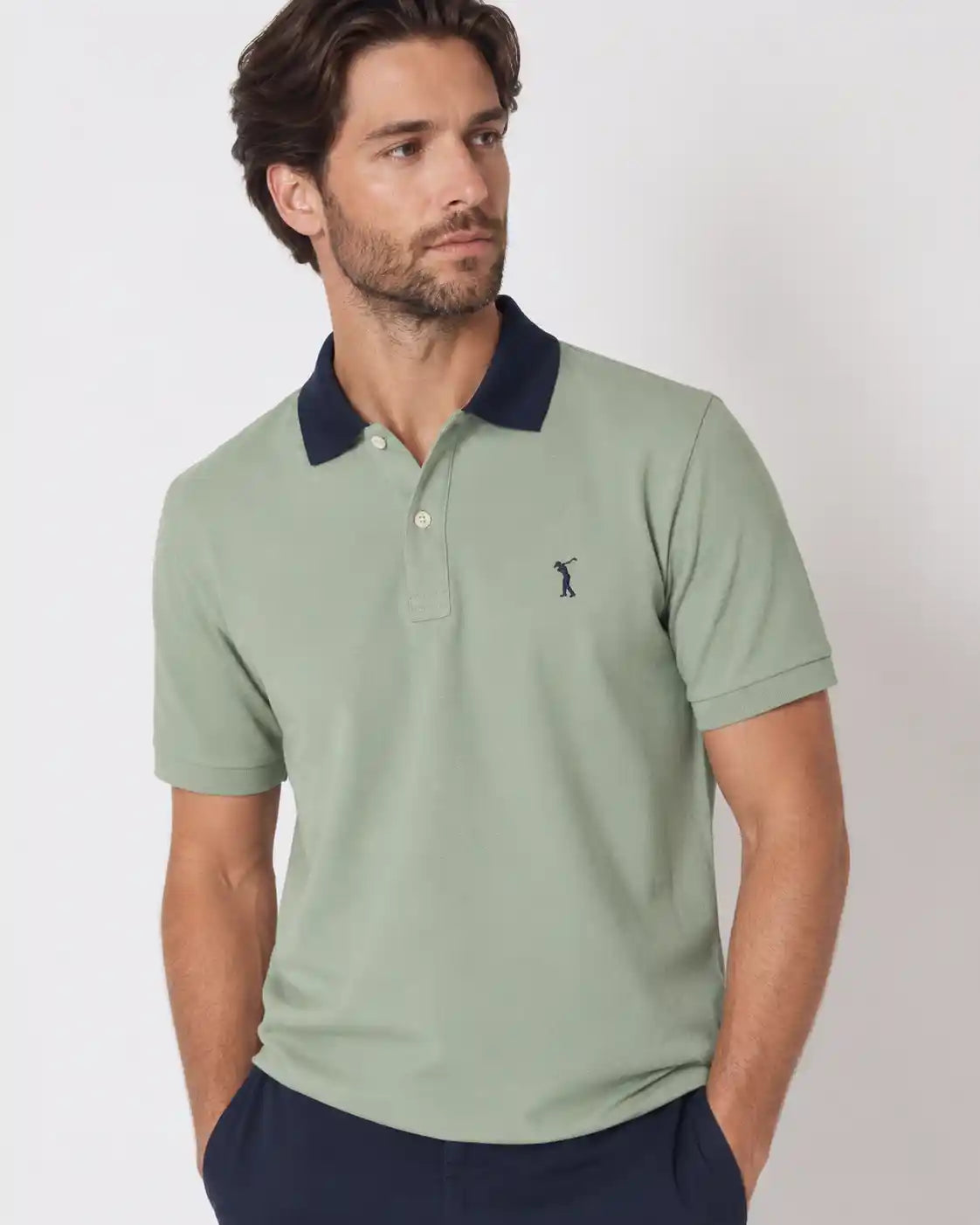 Polo elastica mezza manica | Salvia con contrasti blu e bianchi