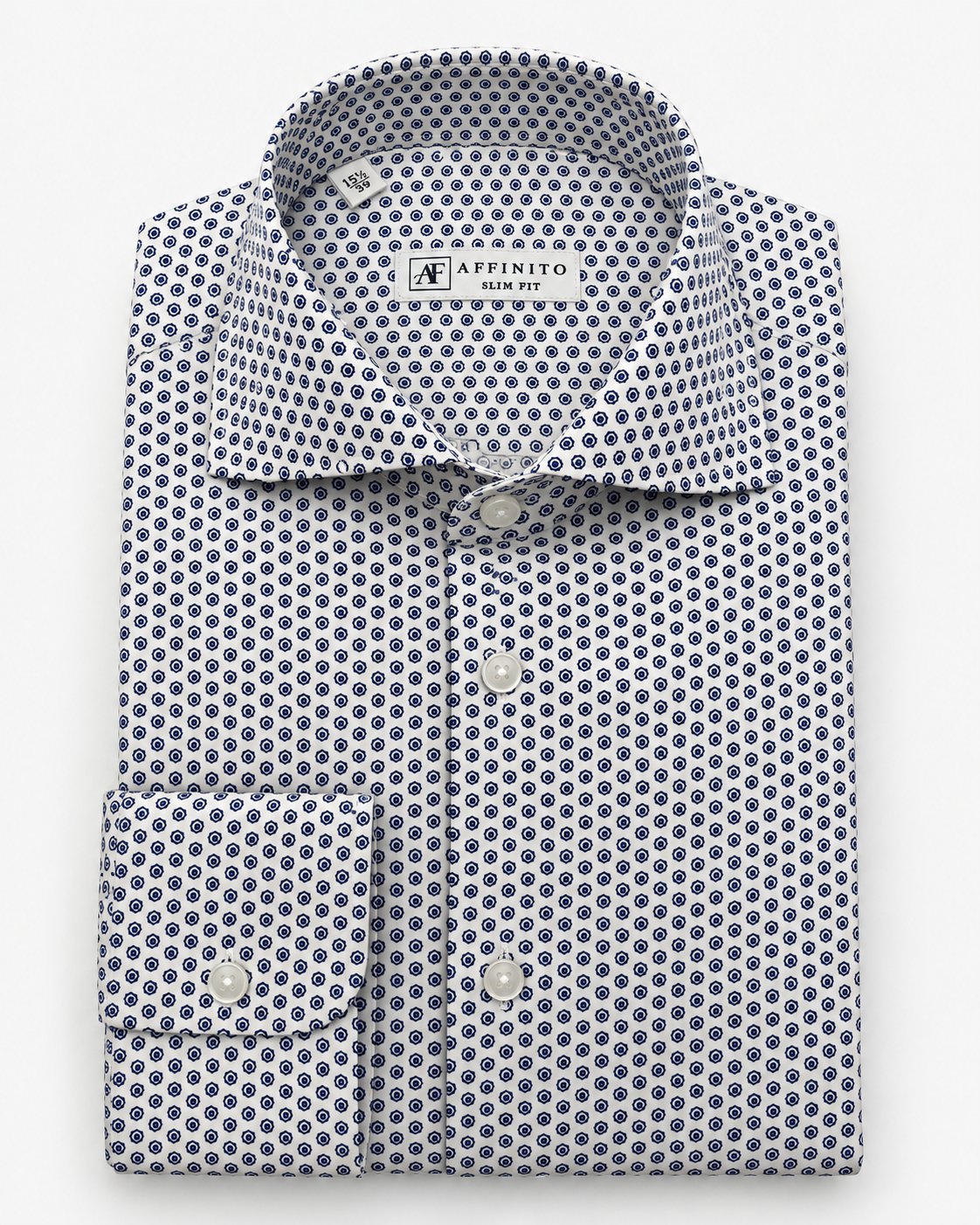 Camicia slim fit bianca con microfantasia blu e collo francese Affinito, piegata su fondo bianco