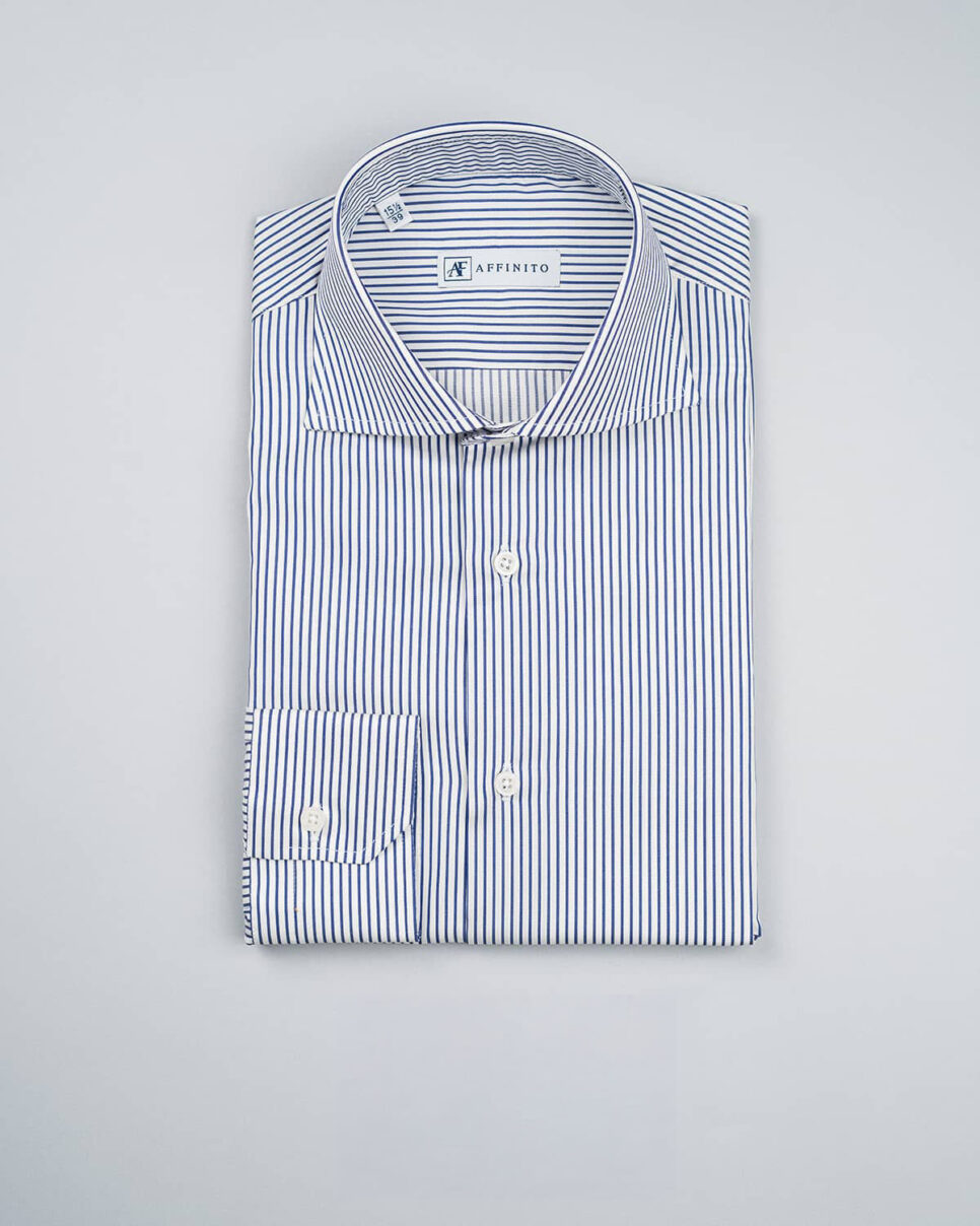 Camicia a Righe Twill Blu, Collo Francese