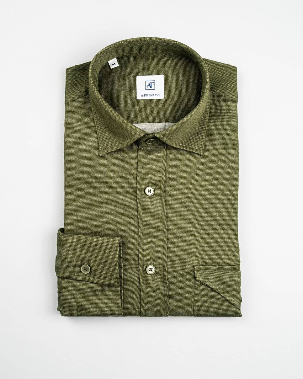 Camicia in Flanella Verde, Collo Italiano, Doppie Tasche