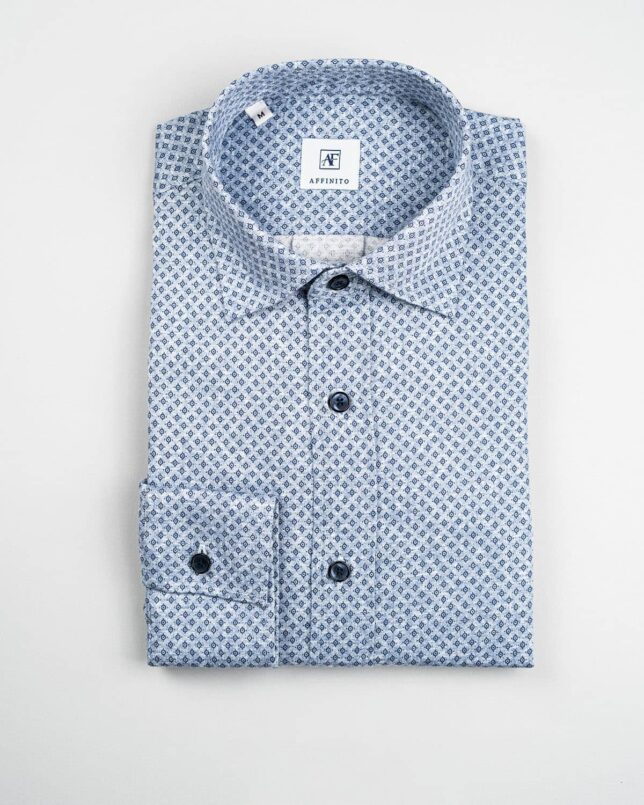 Camicia in flanella microfantasia blu, collo italiano