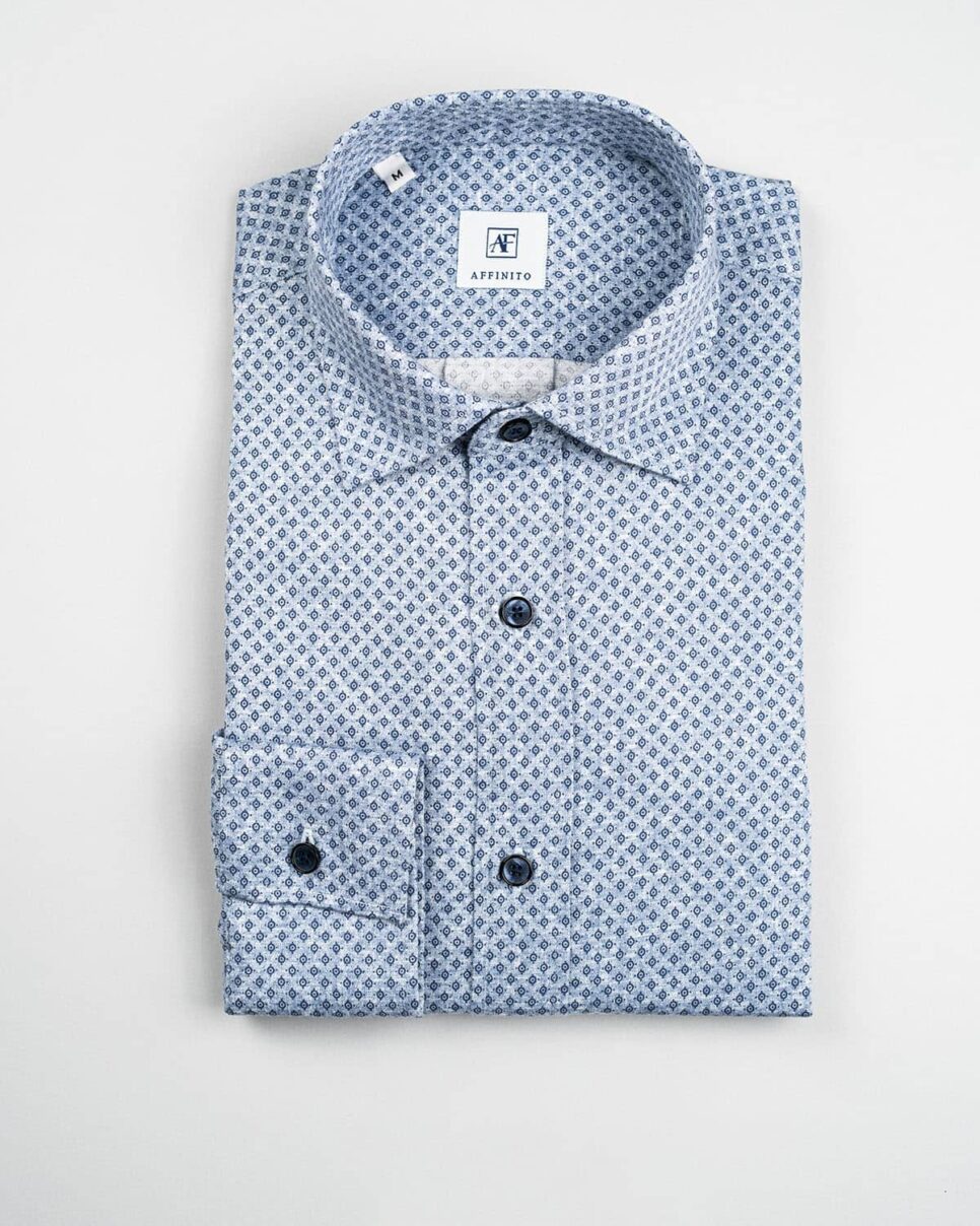 Camicia in Flanella Microfantasia Blu, Collo Italiano