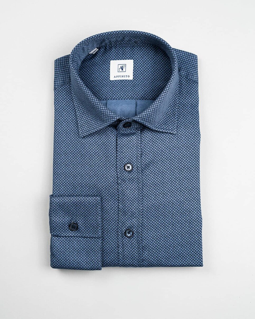 Camicia in flanella microfantasia blu, collo italiano