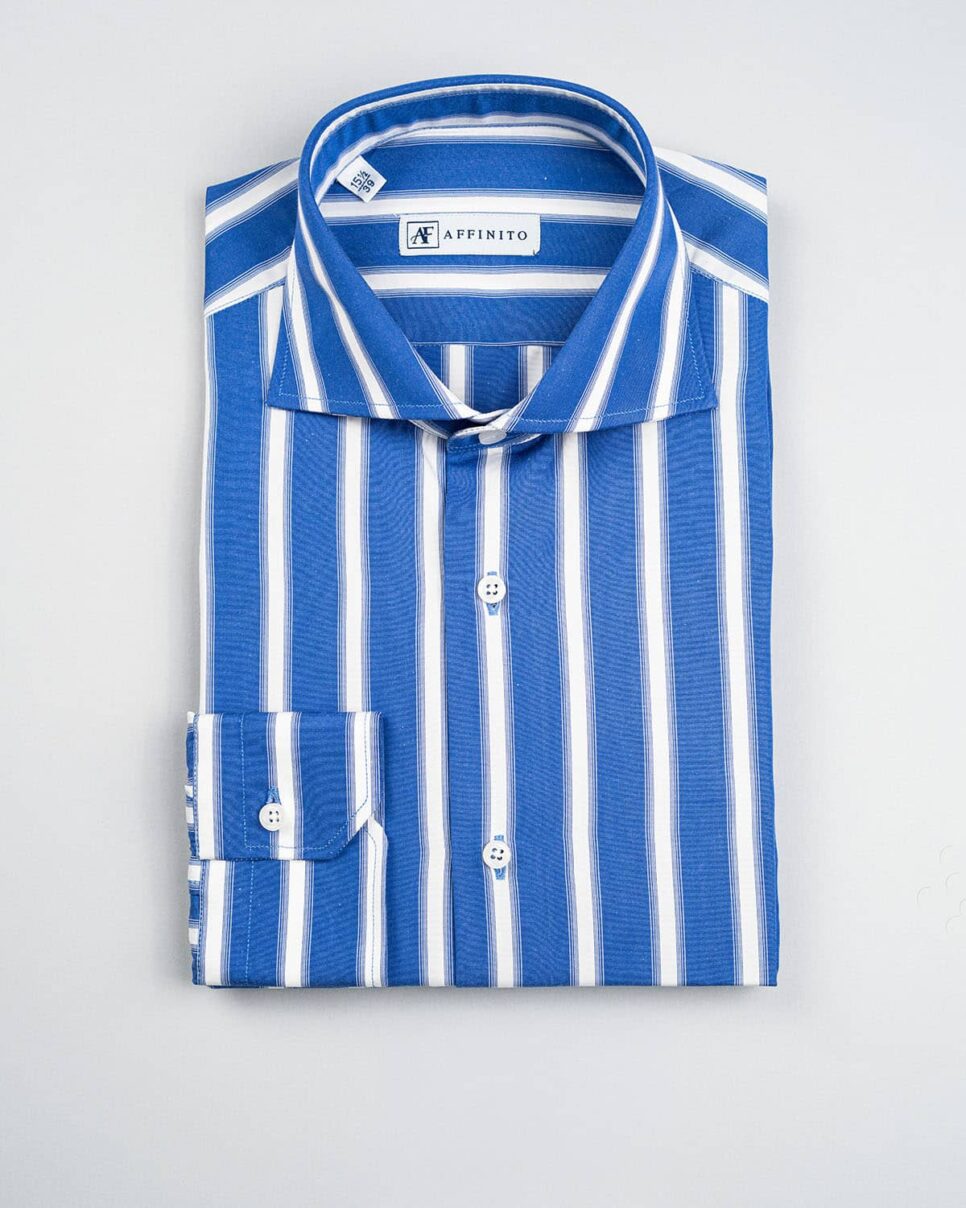 Camicia in Cotone a Righe Blu e Bianche, Collo Francese