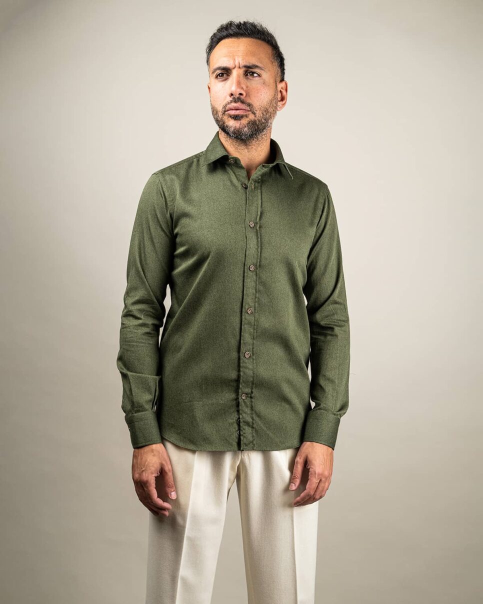 Camicia in Flanella Verde, Collo Francese